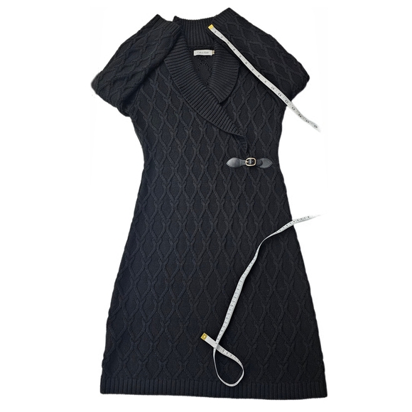 Calvin Klein Black Shawl Collar Chunky Cable Knit Sweater Faix Wrap Dress - Picture 13 of 16